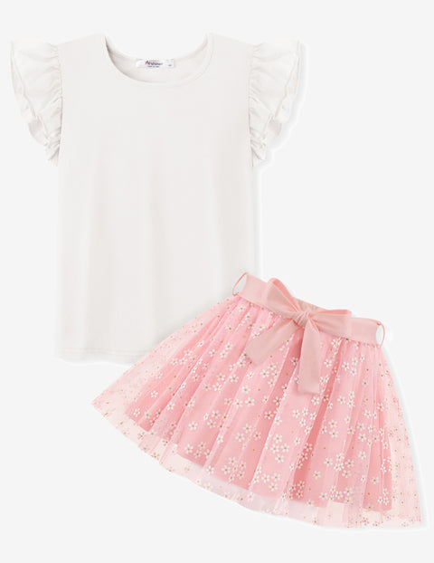 Arshiner Toddler Girls Skirt Set Ruffle Sleeve Tops and Belt Tutu Skirts