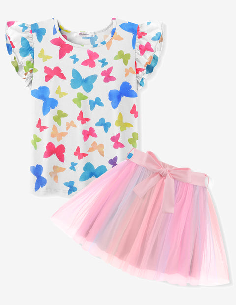 Arshiner Toddler Girls Skirt Set Ruffle Sleeve Tops and Belt Tutu Skirts
