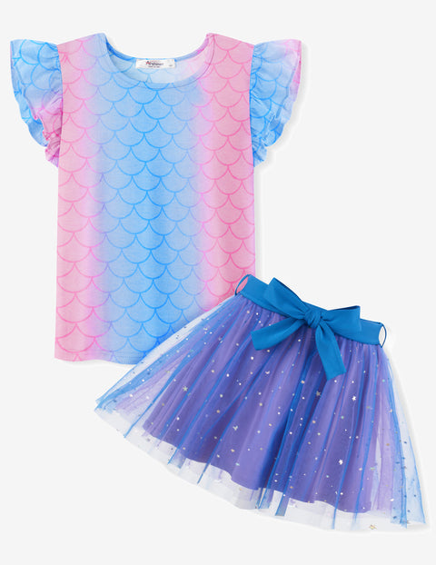 Arshiner Toddler Girls Skirt Set Ruffle Sleeve Tops and Belt Tutu Skirts