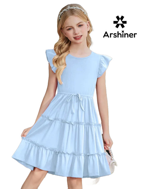 Arshiner Girl's Dress Ruffle Sleeve Tiered Dresses with Pockets 5-12 Years