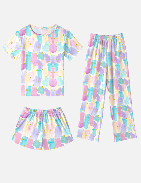 Arshiner Girls Pajama Set 3 Piece Short Sleeve Sleepwear Soft Cute Pjs Outfits