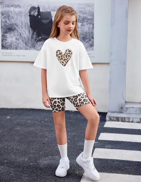Arshiner Girls 2 Piece Outfits Drop Shoulder T-Shirts and Biker Shorts Sets