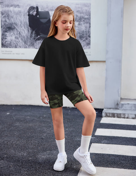 Arshiner Girls 2 Piece Outfits Drop Shoulder T-Shirts and Biker Shorts Sets