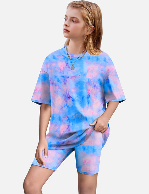 Arshiner Girls 2 Piece Outfits Drop Shoulder T-Shirts and Biker Shorts Sets