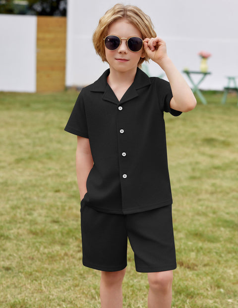 【2-7Y】Arshiner Toddler Boys 2 Piece Outfits Waffle Knit Shirt & Shorts Sets