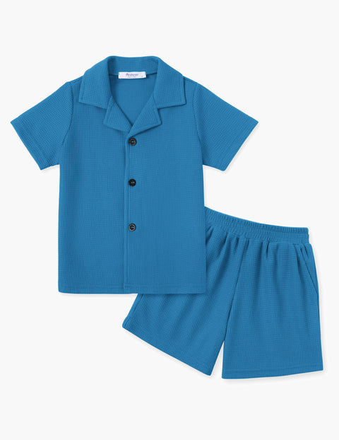 【2-7Y】Arshiner Toddler Boys 2 Piece Outfits Waffle Knit Shirt & Shorts Sets