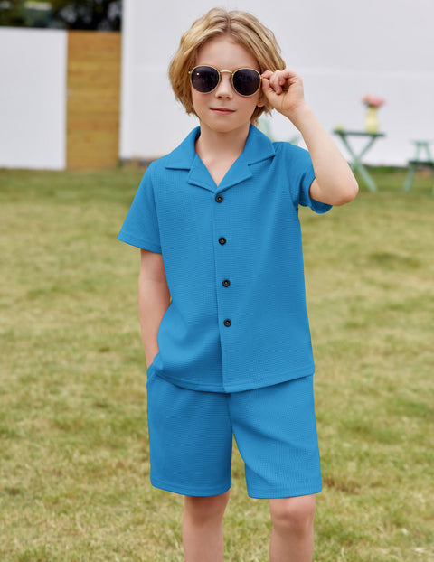 【2-7Y】Arshiner Toddler Boys 2 Piece Outfits Waffle Knit Shirt & Shorts Sets