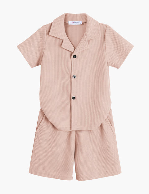 【2-7Y】Arshiner Toddler Boys 2 Piece Outfits Waffle Knit Shirt & Shorts Sets