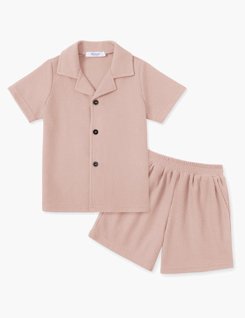 【2-7Y】Arshiner Toddler Boys 2 Piece Outfits Waffle Knit Shirt & Shorts Sets