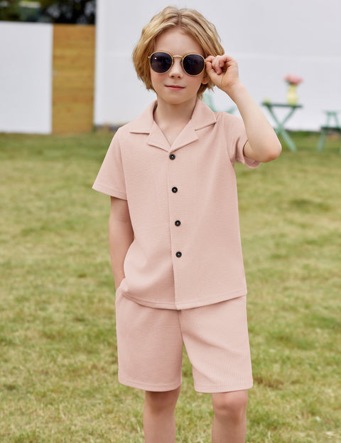 【2-7Y】Arshiner Toddler Boys 2 Piece Outfits Waffle Knit Shirt & Shorts Sets