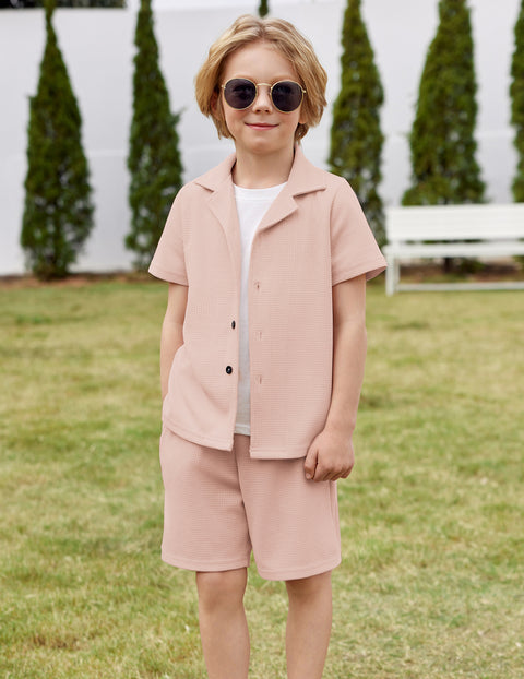 【2-7Y】Arshiner Toddler Boys 2 Piece Outfits Waffle Knit Shirt & Shorts Sets