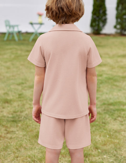 【2-7Y】Arshiner Toddler Boys 2 Piece Outfits Waffle Knit Shirt & Shorts Sets