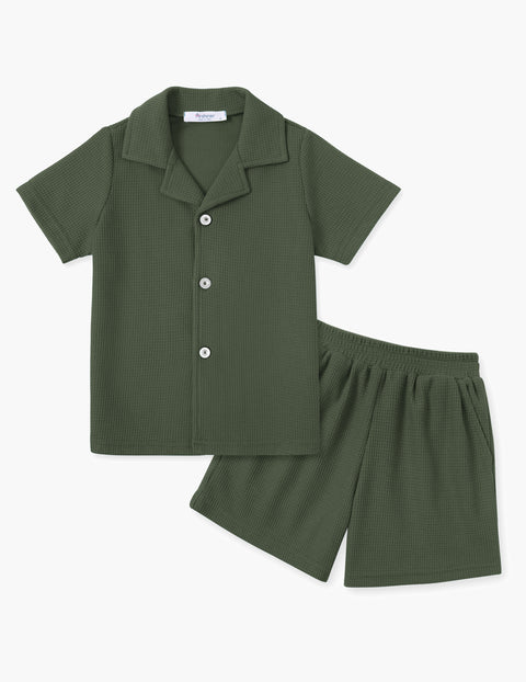 【2-7Y】Arshiner Toddler Boys 2 Piece Outfits Waffle Knit Shirt & Shorts Sets