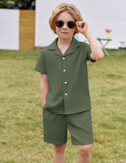 【2-7Y】Arshiner Toddler Boys 2 Piece Outfits Waffle Knit Shirt & Shorts Sets