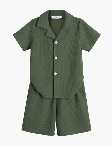 【2-7Y】Arshiner Toddler Boys 2 Piece Outfits Waffle Knit Shirt & Shorts Sets