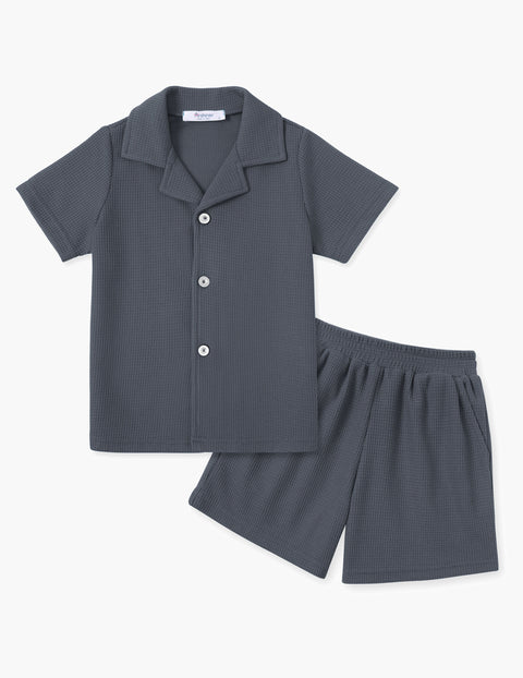【2-7Y】Arshiner Toddler Boys 2 Piece Outfits Waffle Knit Shirt & Shorts Sets
