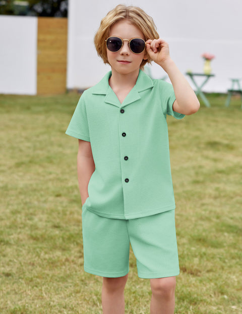 【2-7Y】Arshiner Toddler Boys 2 Piece Outfits Waffle Knit Shirt & Shorts Sets