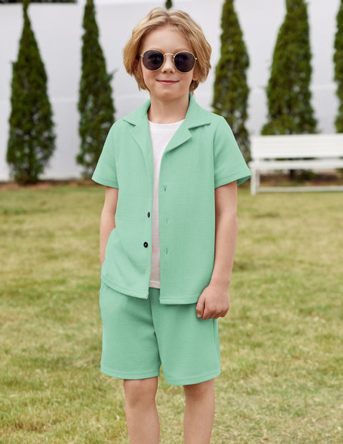 【2-7Y】Arshiner Toddler Boys 2 Piece Outfits Waffle Knit Shirt & Shorts Sets