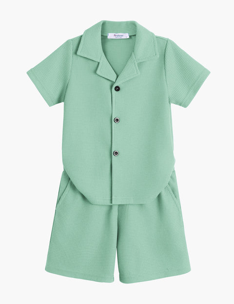 【2-7Y】Arshiner Toddler Boys 2 Piece Outfits Waffle Knit Shirt & Shorts Sets