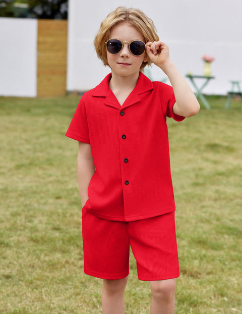 【2-7Y】Arshiner Toddler Boys 2 Piece Outfits Waffle Knit Shirt & Shorts Sets