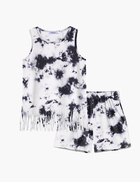 【6-14Y】Arshiner Girls Outfits Fringe Tank Top and Elastic Waist Shorts Set