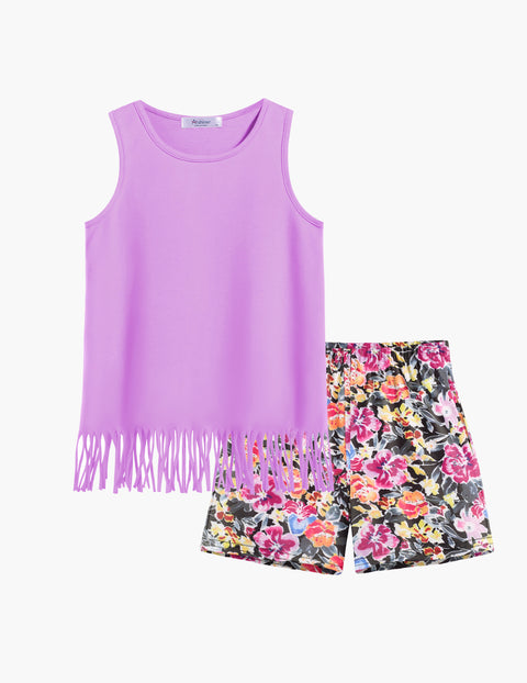 【6-14Y】Arshiner Girls Outfits Fringe Tank Top and Elastic Waist Shorts Set