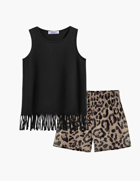 【6-14Y】Arshiner Girls Outfits Fringe Tank Top and Elastic Waist Shorts Set