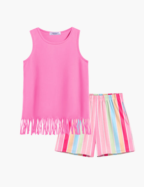 【6-14Y】Arshiner Girls Outfits Fringe Tank Top and Elastic Waist Shorts Set