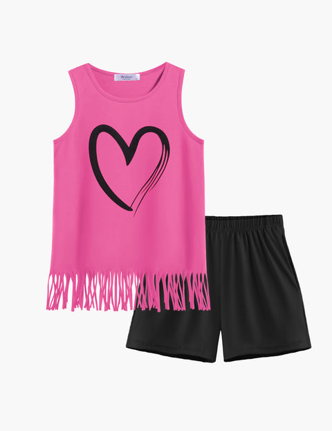 【6-14Y】Arshiner Girls Outfits Fringe Tank Top and Elastic Waist Shorts Set