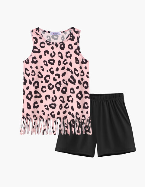 【6-14Y】Arshiner Girls Outfits Fringe Tank Top and Elastic Waist Shorts Set