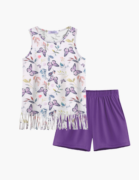 【6-14Y】Arshiner Girls Outfits Fringe Tank Top and Elastic Waist Shorts Set
