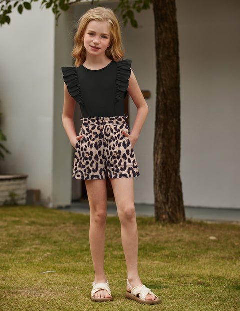 Arshiner Girls Outfits Ruffle Sleeve Tops and Paperbag Waist Shorts Set