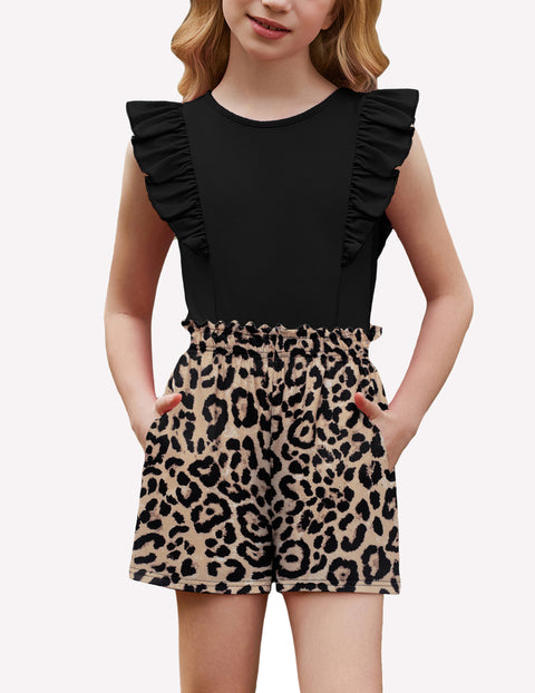 Arshiner Girls Outfits Ruffle Sleeve Tops and Paperbag Waist Shorts Set