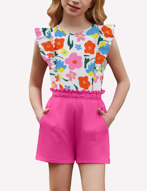 Arshiner Girls Outfits Ruffle Sleeve Tops and Paperbag Waist Shorts Set