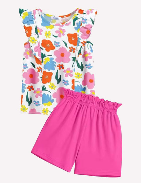 Arshiner Girls Outfits Ruffle Sleeve Tops and Paperbag Waist Shorts Set