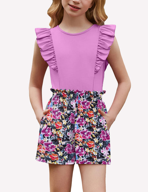 Arshiner Girls Outfits Ruffle Sleeve Tops and Paperbag Waist Shorts Set
