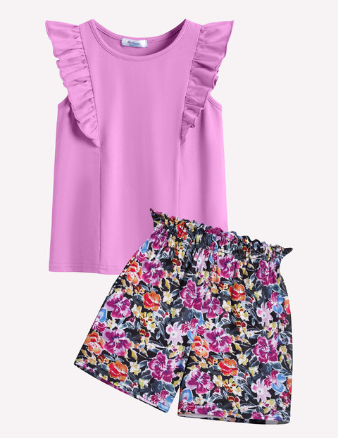 Arshiner Girls Outfits Ruffle Sleeve Tops and Paperbag Waist Shorts Set