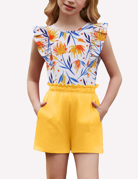 Arshiner Girls Outfits Ruffle Sleeve Tops and Paperbag Waist Shorts Set