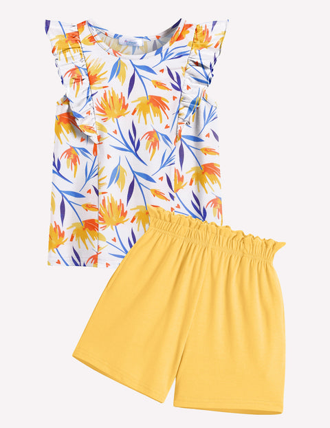 Arshiner Girls Outfits Ruffle Sleeve Tops and Paperbag Waist Shorts Set