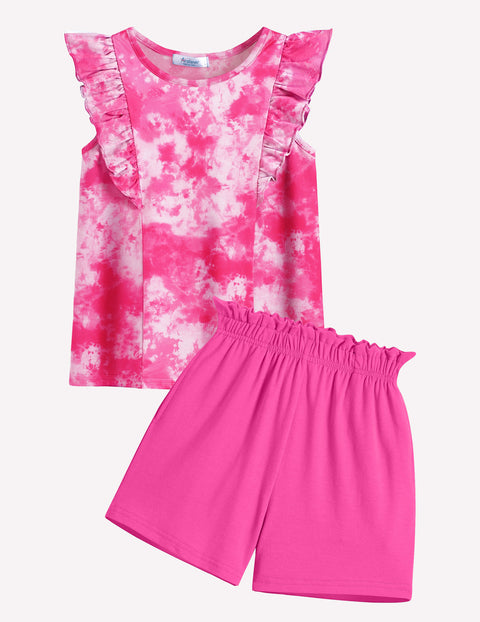 Arshiner Girls Outfits Ruffle Sleeve Tops and Paperbag Waist Shorts Set