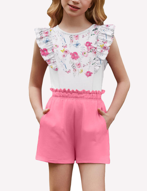 Arshiner Girls Outfits Ruffle Sleeve Tops and Paperbag Waist Shorts Set