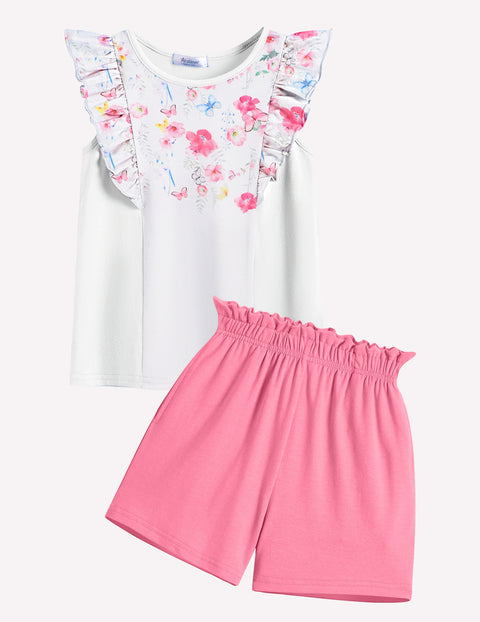 Arshiner Girls Outfits Ruffle Sleeve Tops and Paperbag Waist Shorts Set