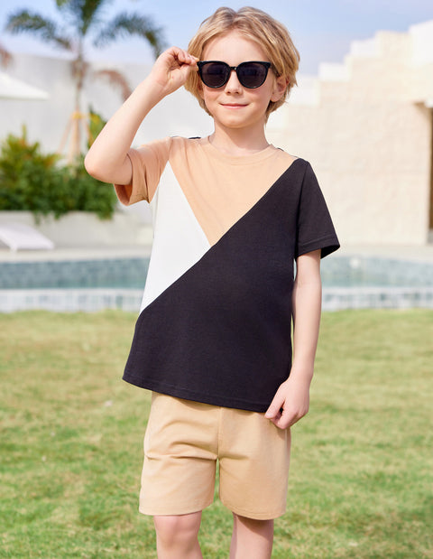 【2-7Y】Arshiner Toddler Boy Outfits Kids Colorblock T-shirt Shorts Set