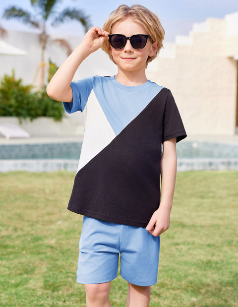 【2-7Y】Arshiner Toddler Boy Outfits Kids Colorblock T-shirt Shorts Set