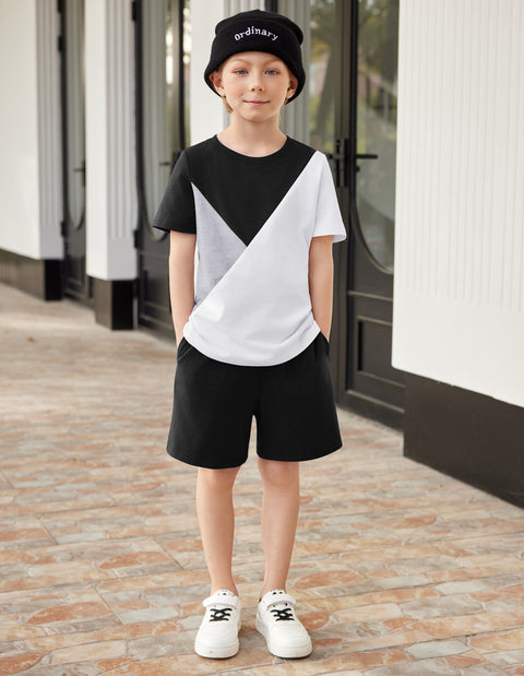 【2-7Y】Arshiner Toddler Boy Outfits Kids Colorblock T-shirt Shorts Set
