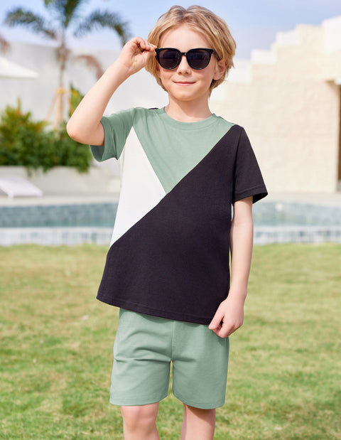 【2-7Y】Arshiner Toddler Boy Outfits Kids Colorblock T-shirt Shorts Set