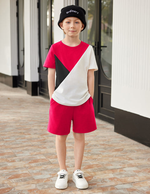 【2-7Y】Arshiner Toddler Boy Outfits Kids Colorblock T-shirt Shorts Set