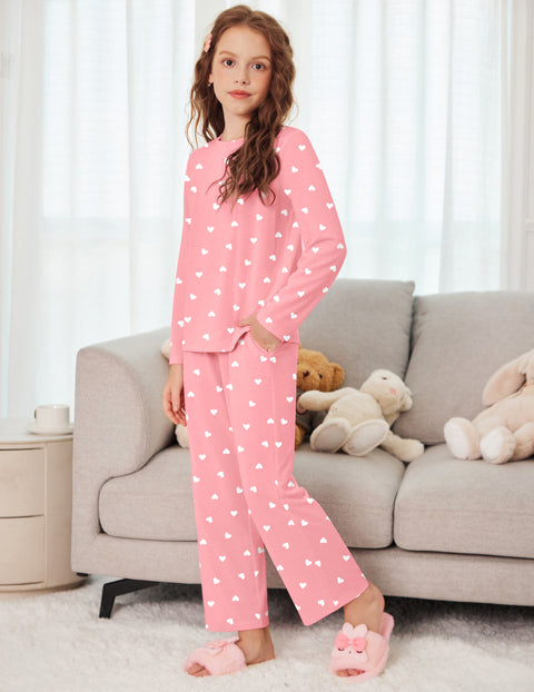Girls Long Sleeve Pajama Set Ribbed Crew Neck Lounge Pants with Pockets - Heart Pink