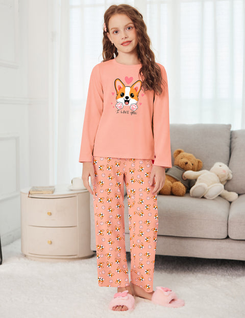 Girls Long Sleeve Pajama Set Ribbed Crew Neck Lounge Pants with Pockets - Heart Dog