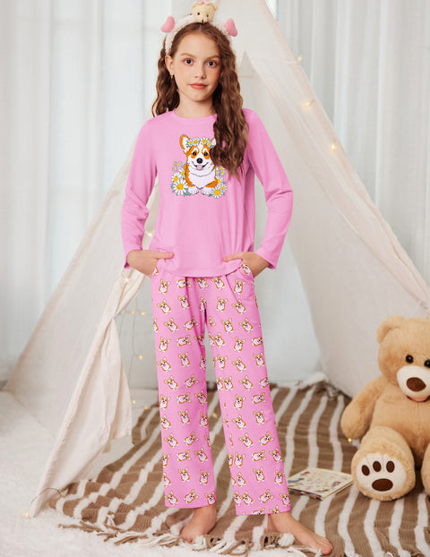 Girls Long Sleeve Pajama Set Ribbed Crew Neck Lounge Pants with Pockets - Flower Dog